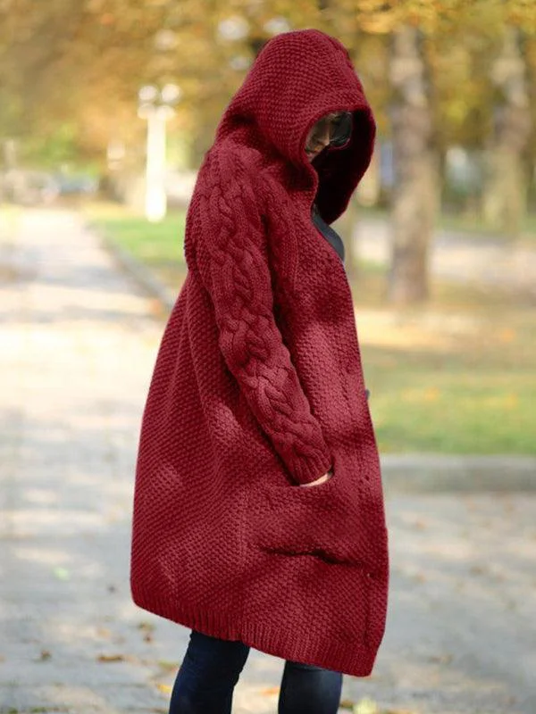 Women's Cardigans Sweater with Bold Knits-Hooded Long  Women Cardigan Sweater
