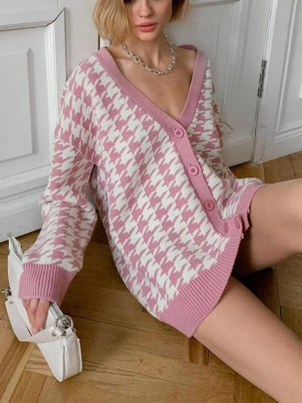 Women's Long-sleeve Cardigans Sweater with Knit Detail-Houndstooth Knitted Women Cardigan Sweater Women's Long-sleeve Cardigans Sweater with Knit Detail-Houndstooth Knitted Women Cardigan Sweater