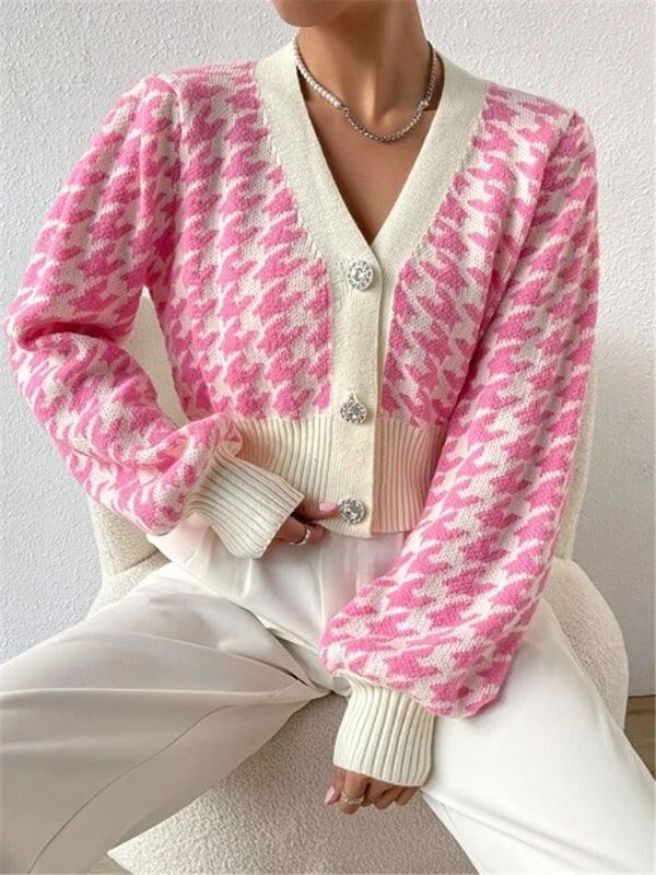 Women's Cardigans Sweater with Chunky Texture-Houndstooth Lantern Sleeve Cardigan Sweater Women's Cardigans Sweater with Chunky Texture-Houndstooth Lantern Sleeve Cardigan Sweater