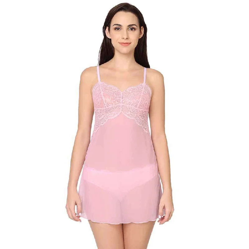 Doll Dress with Feather and Lace Detail -Essential Lace Non Padded Non Wired Bridal Wear Lace Babydoll Chemise - Pink Doll Dress with Feather and Lace Detail -Essential Lace Non Padded Non Wired Bridal Wear Lace Babydoll Chemise - Pink