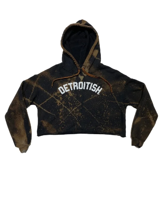 Women's Hoodies for Running and Jogging -Ink Detroit - Detroitish Reverse Dyed Fleece Crop Hoodie - Black