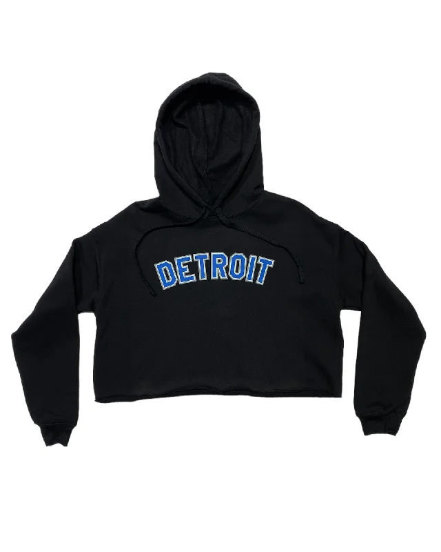 Women's Hoodies with Ribbed Details for Fashion -Ink Detroit Fleece Crop Hoodie - Honolulu blue and Silver print on black