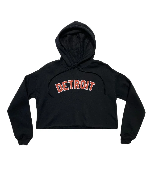 Women's Hoodies for Relaxed Workwear -Ink Detroit Fleece Crop Hoodie - Red and white print on black