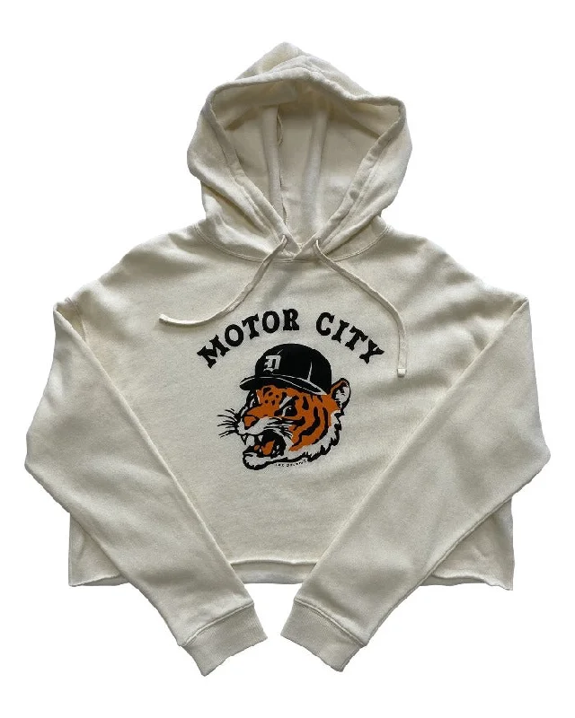 Women's Casual Zip-up Hoodies for Day Trips -Ink Detroit Motor City Kitty Crop Hoodie - Heather Natural