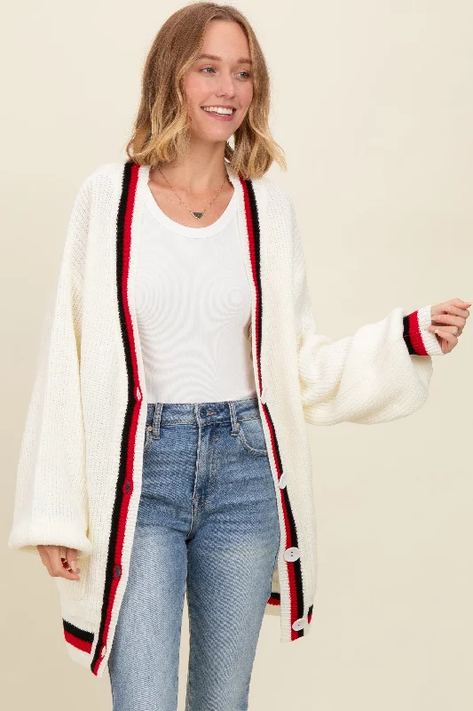 Women's Sweater with Detailed Knit Pattern-Ivory Contrast Border Open Cardigan