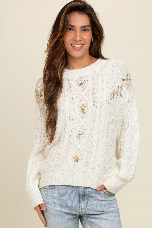 Women's Sweater for Boho Style-Ivory Embroidered Flower Cable Knit Sweater