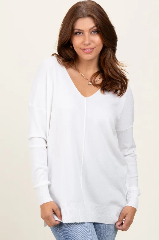 Women's Sweater for Bold Layering-Ivory  Front Seam V-Neck Side Slit Sweater