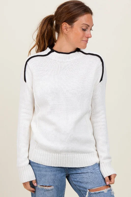 Women's Sweater with Satin Finish-Ivory Mock Neck Contrast Piping Sweater