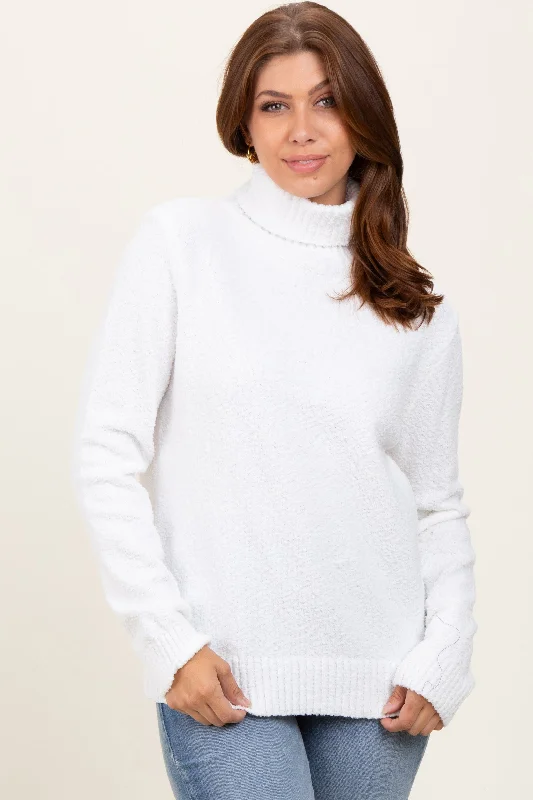 Women's Sweater for Resort Wear-Ivory Turtleneck Chenille Knit Sweater