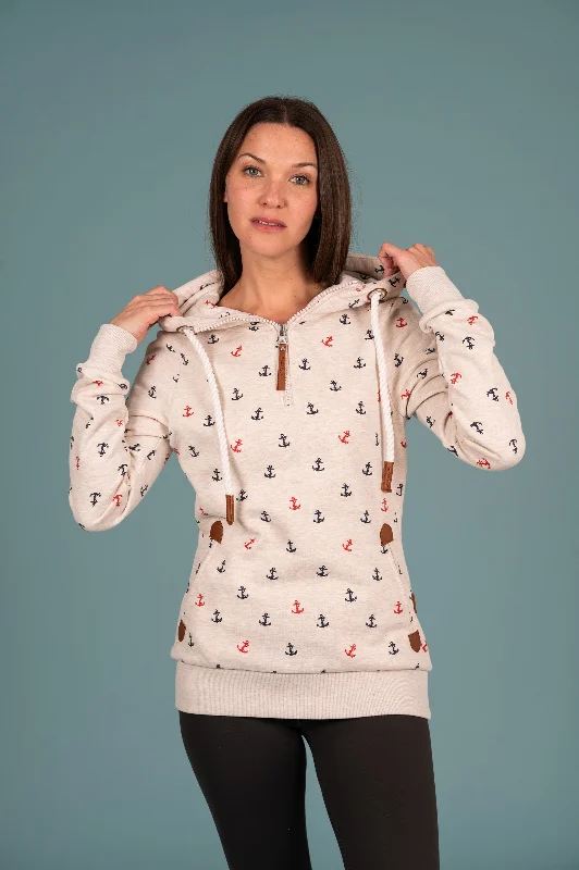 Women's Stylish Hoodies for Casual Outfits -Ivy Half-Zip Anchor Print Hoodie Heahter Oatmeal Women's Stylish Hoodies for Casual Outfits -Ivy Half-Zip Anchor Print Hoodie Heahter Oatmeal