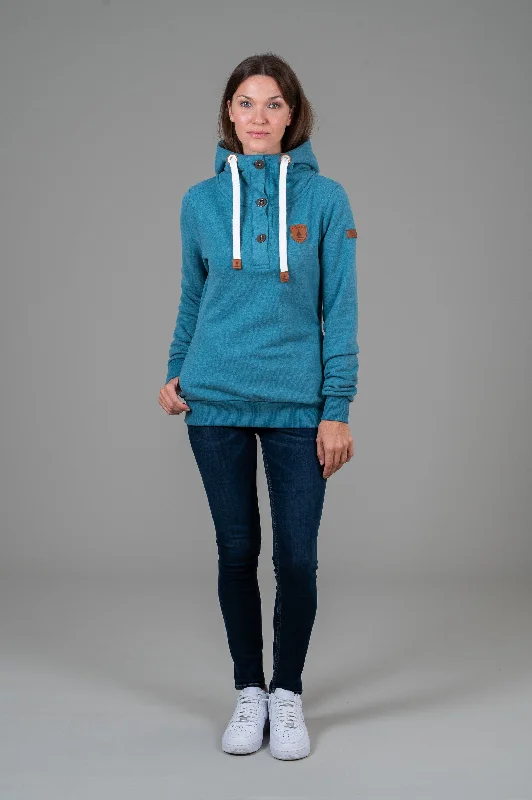 Women's Colorblock Hoodies for Casual Looks -Jas Peacock Blue Button Neck Hoodie