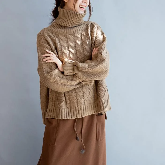 Women's Pullovers Sweater with Zipper-Khaki Cable knit sweater women short sweaters pullover cotton knitted tops turtle neck Women's Pullovers Sweater with Zipper-Khaki Cable knit sweater women short sweaters pullover cotton knitted tops turtle neck