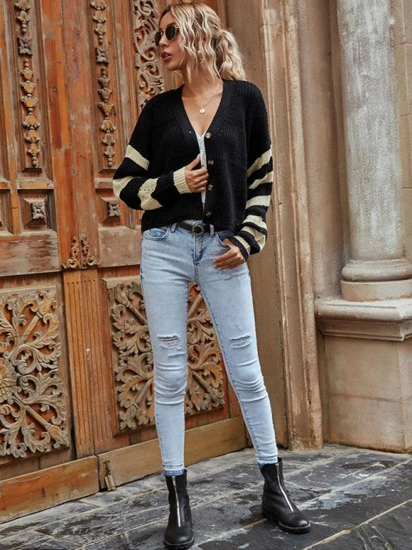 Women's Cardigans Sweater for Transitional Weather-Knitted Striped Women Cardigan Sweater Women's Cardigans Sweater for Transitional Weather-Knitted Striped Women Cardigan Sweater