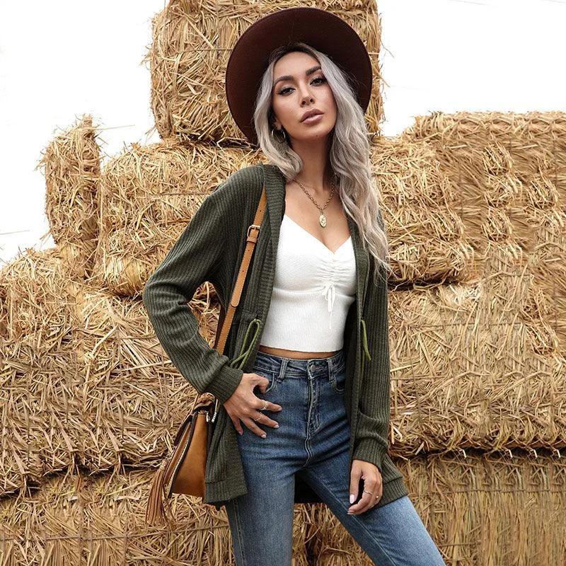 Women's Cardigans Sweater for Cozy Winter-Lace-Up Hooded Knitted Cardigan Sweater