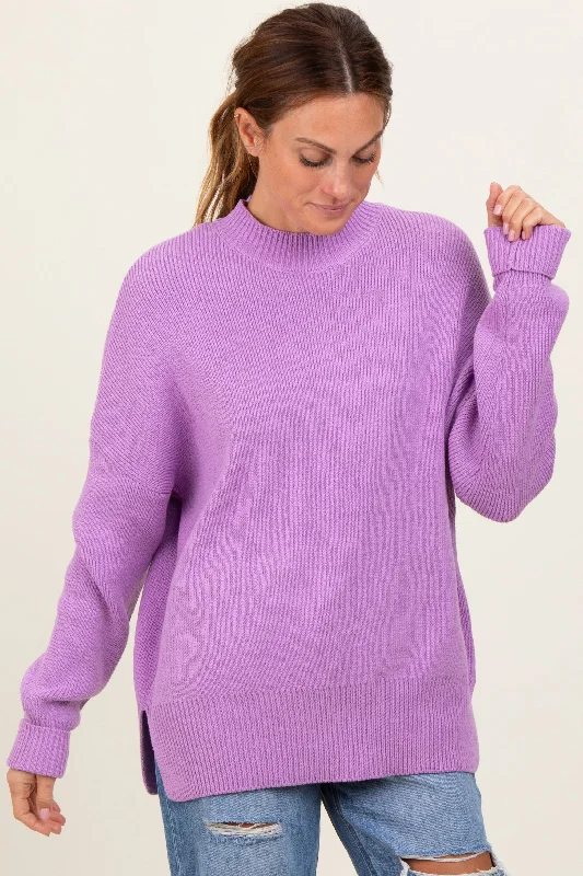 Women's Sweater with Diamond Knit-Lavender Mock Neck Basic Sweater
