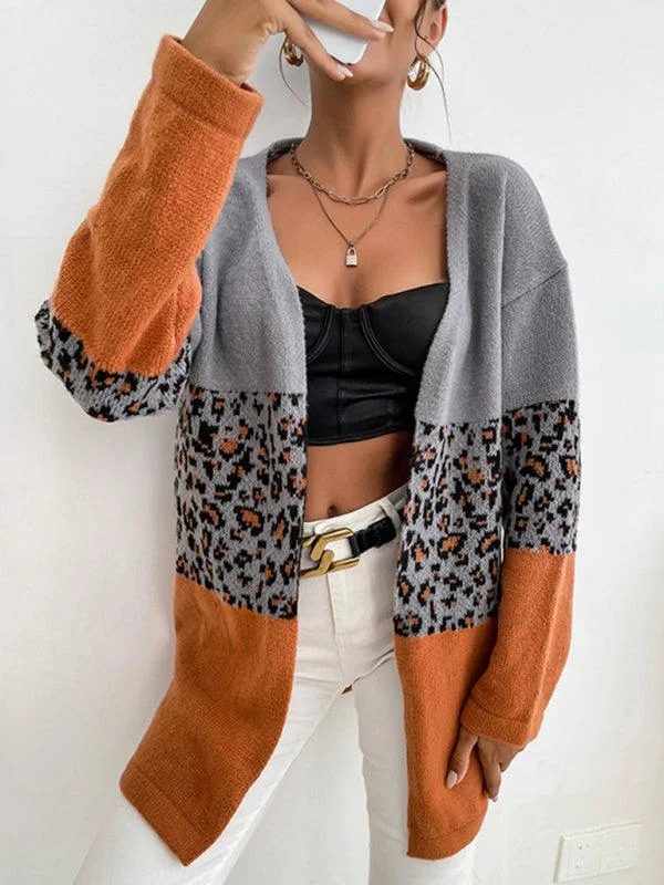 Women's Warm Cardigans Sweater-Leopard Contrast  Women Cardigan Sweater