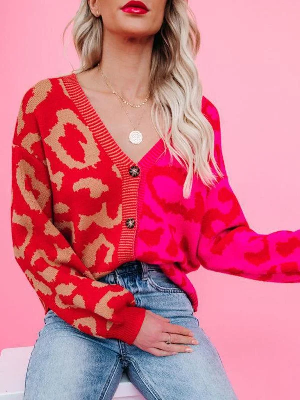Women's Cardigans Sweater with Contrast Stitching-Street Style Leopard Print Oversized Knit Cardigan Sweater Women's Cardigans Sweater with Contrast Stitching-Street Style Leopard Print Oversized Knit Cardigan Sweater
