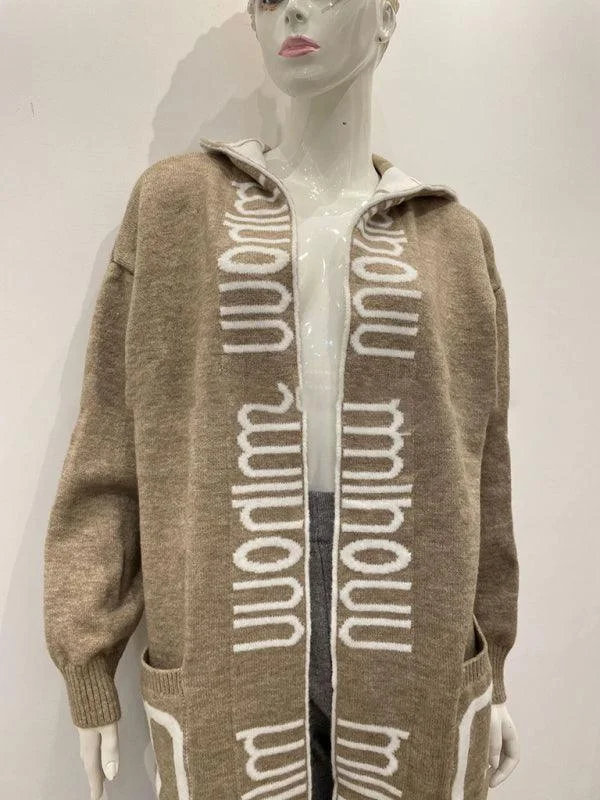 Women's Sweater with Fine Detailing-Long Hooded Letter Print Women Cardigan