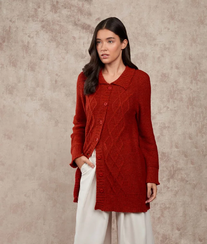 Women's Sweater for Cold Winter Days-Long Line Cables Cardigan