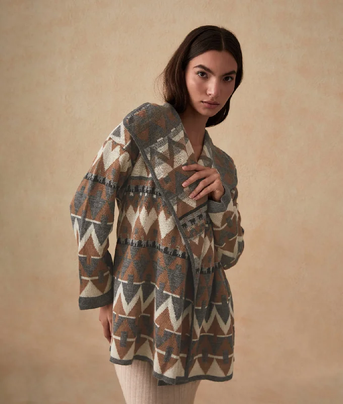 Women's Sweater with Cozy Wool Lining-Long Reversible Jacquard Cardigan