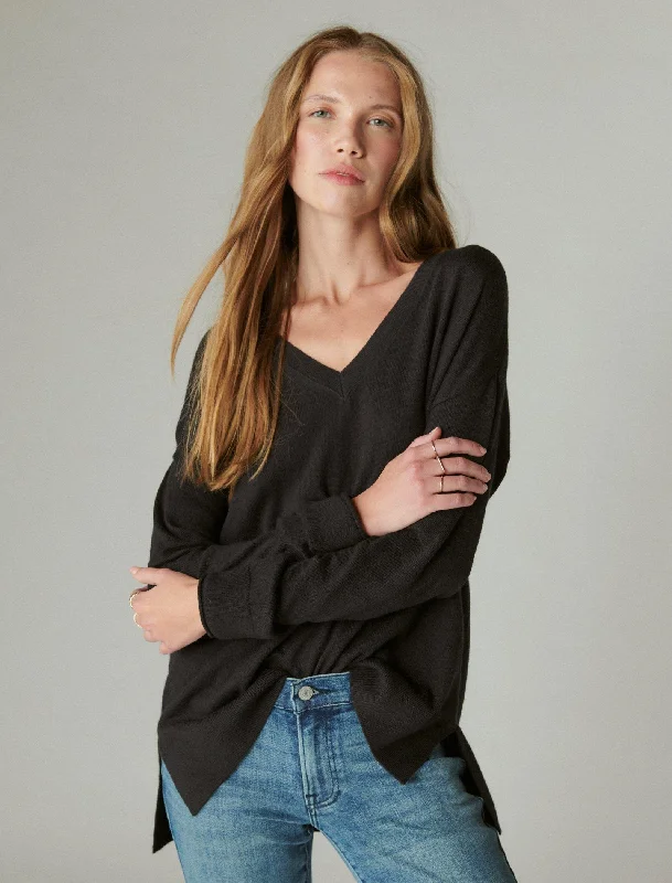 Women's Sweater with Folded Neck-Lucky Brand Women's Cloud Soft V Neck Sweater