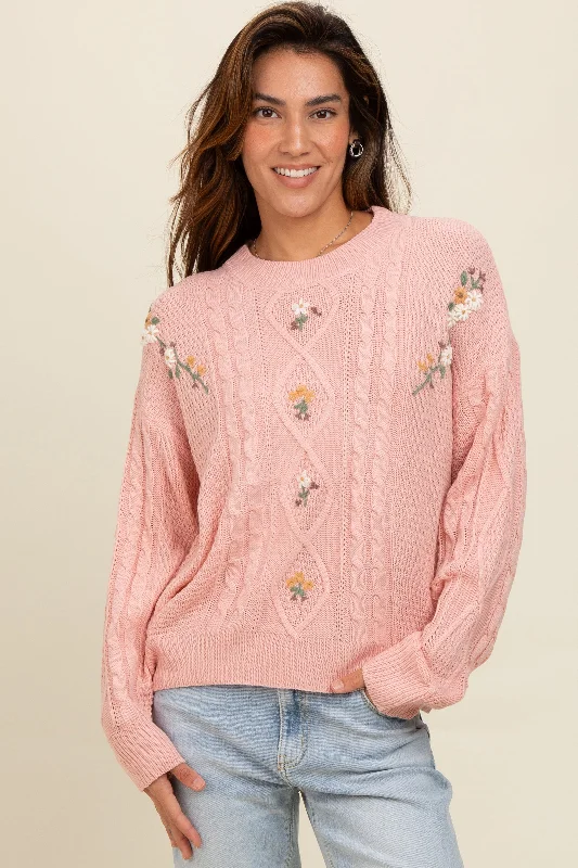 Women's Sweater with Colorful Weave-Mauve Embroidered Flower Cable Knit Sweater