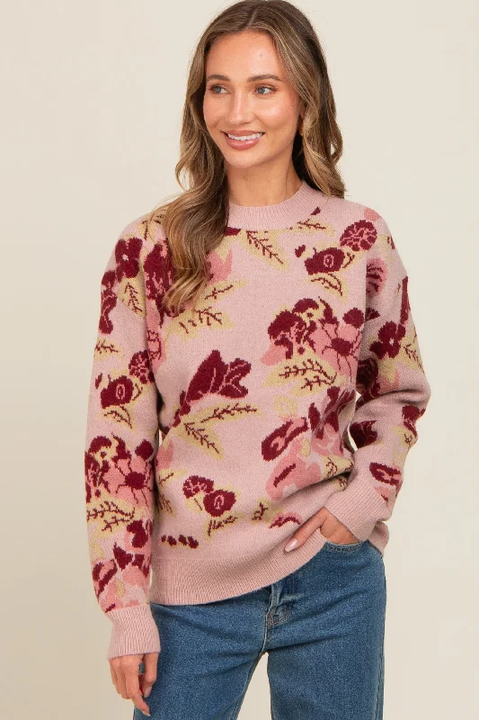 Women's Sweater with Modern Knit Patterns-Mauve Floral Print Crew Neck Sweater