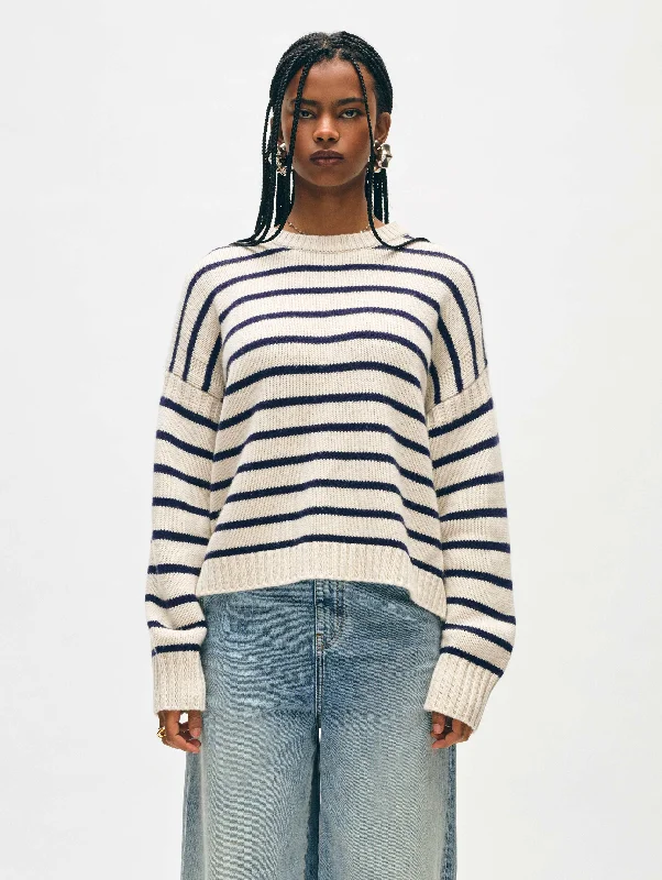 Chunky Knit Women's Sweater-Merino Cashmere Striped Crewneck