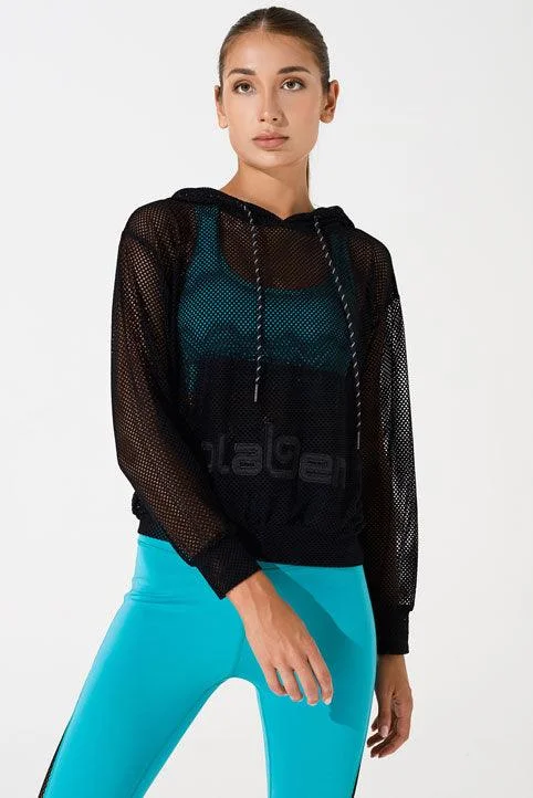 Women's Hoodies with Banded Cuffs -Mesh Carlo Hoodie - Black