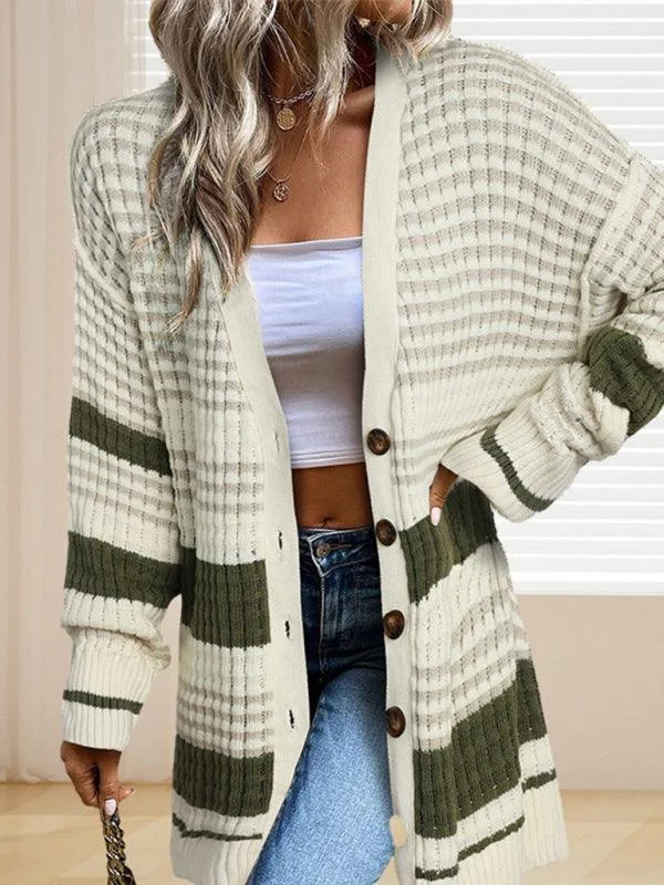 Women's Cardigans Sweater for Winter Look-Mid-Length Striped Women Cardigan Sweater