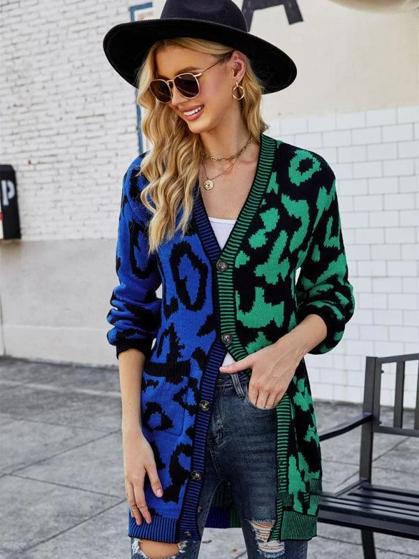 Women's Button Cardigans Sweater-Mid-Length Leopard Knitted Cardigan Sweater