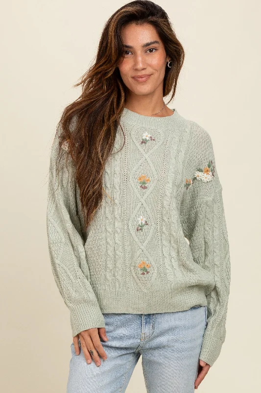 Women's Sweater for Layering with Scarves-Mint Green Embroidered Flower Cable Knit Sweater