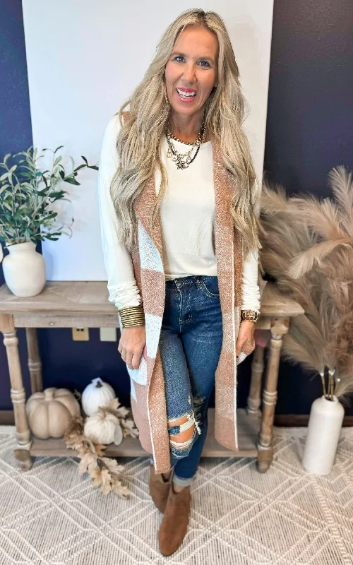 Women's Elegant Knit Vests Sweater-Mocha Checked Long Sweater Vest