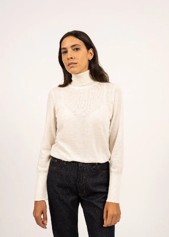 Women's Sweater for Layering Over Pants-MODENE - Thin Turtleneck Sweater | Wool Jersey (WINTER WHITE) Women's Sweater for Layering Over Pants-MODENE - Thin Turtleneck Sweater | Wool Jersey (WINTER WHITE)