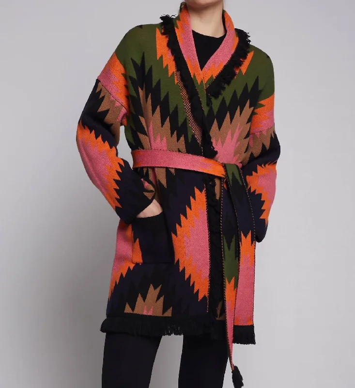 Women's Lightweight Cardigans Sweater for All-Season-Navajo Jacquard Cardigan In Navy Green Women's Lightweight Cardigans Sweater for All-Season-Navajo Jacquard Cardigan In Navy Green