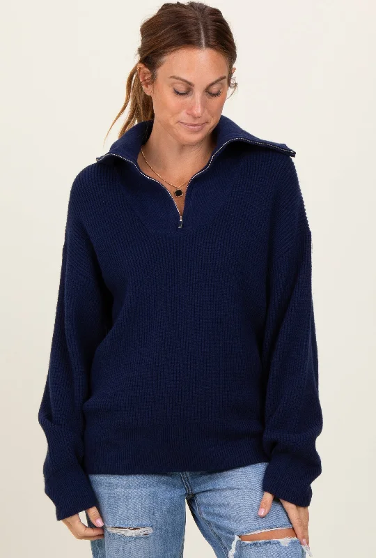 Women's Pullovers Sweater with Soft Wool Blend-Navy Half Zip Chunky Knit Pullover Sweater