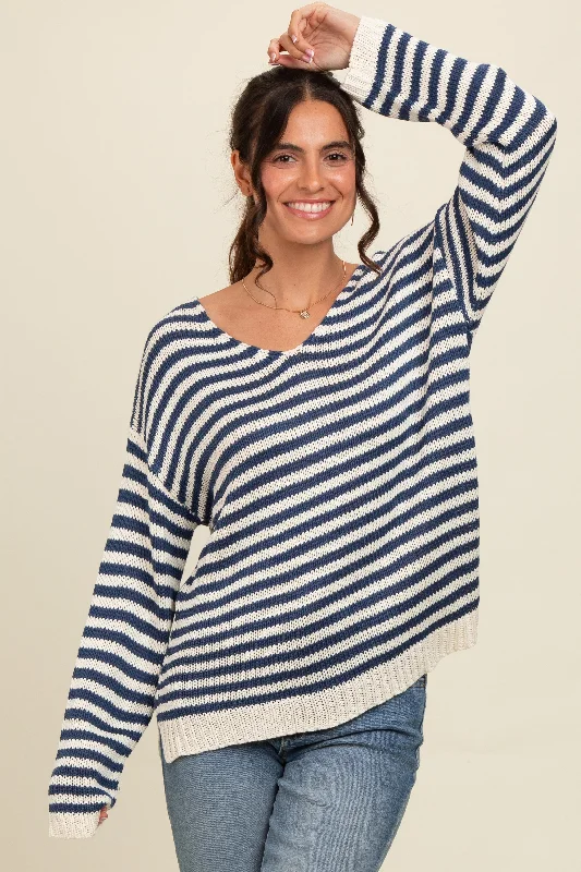 Women's Sweater with Fall Color Palettes-Navy Striped Relaxed Fit V-Neck Sweater