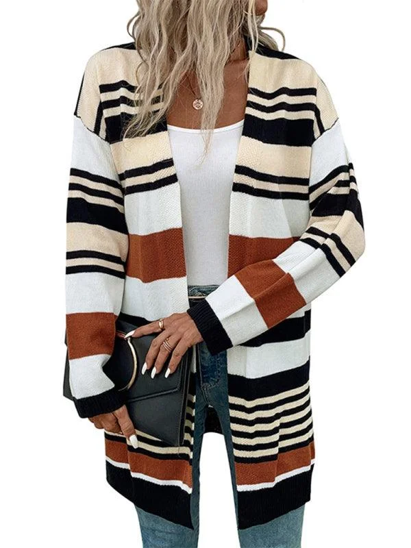 Women's Cardigans Sweater with Classic Fit-Color Block Long Ladies Cardigan Sweater