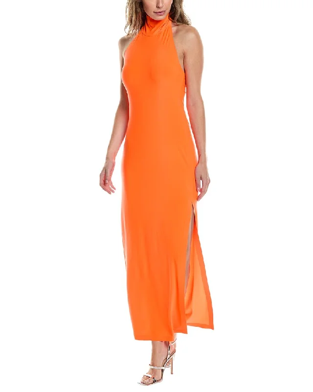 Women's Sweater with Long Knit Sleeves-Norma Kamali Halter Turtleneck Side Slit Gown