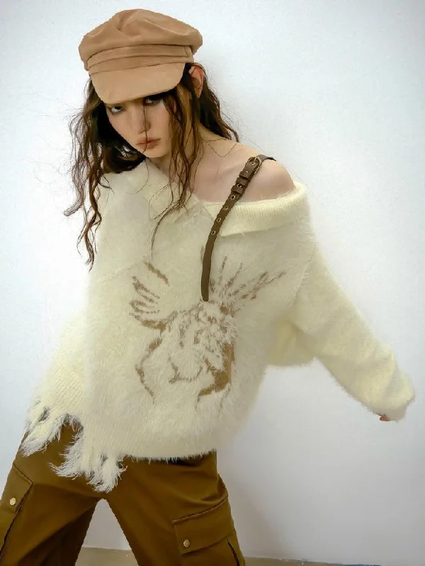 Women's Knit Sweater with Front Pocket Design -Off Shoulder Distressed Knit Sweater