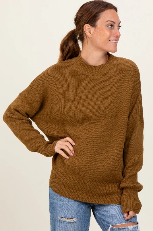 Women's Sweater with Contrast Sleeves-Olive Mock Neck Basic Sweater