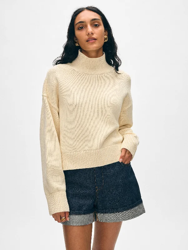 Women's Sweater with Small Details-Organic Cotton Cropped Standneck