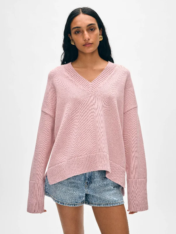 Women's Sweater with Ruching-Organic Cotton Oversized V Neck