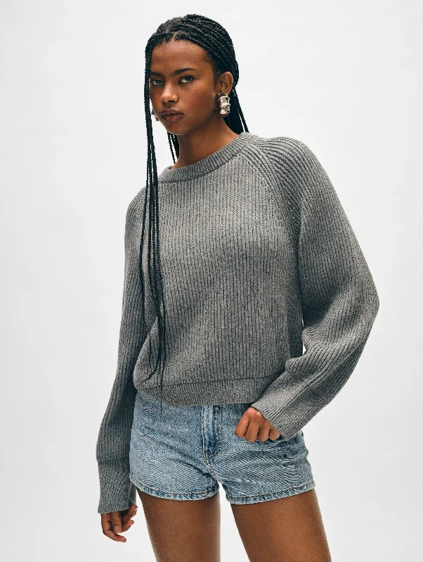 Women's Sweater with Chunky Wool Knit-Organic Cotton Plaited Crewneck