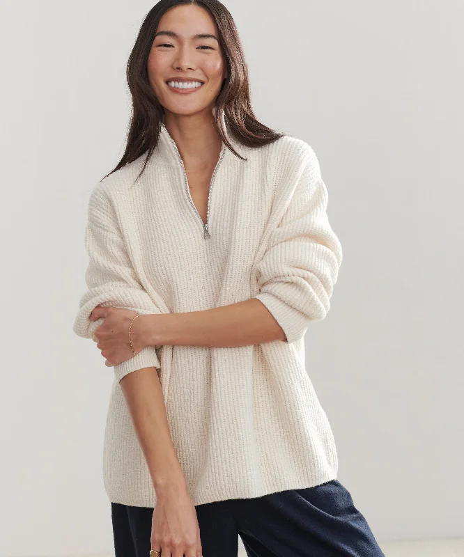 Women's Sweater with Horizontal Ribbing-Oversized Half Zip