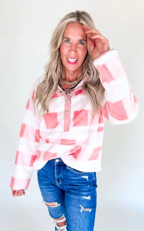 Women's Pullovers Sweater for Effortless Style-Peach Coral Soft Fur Plaid Pullover