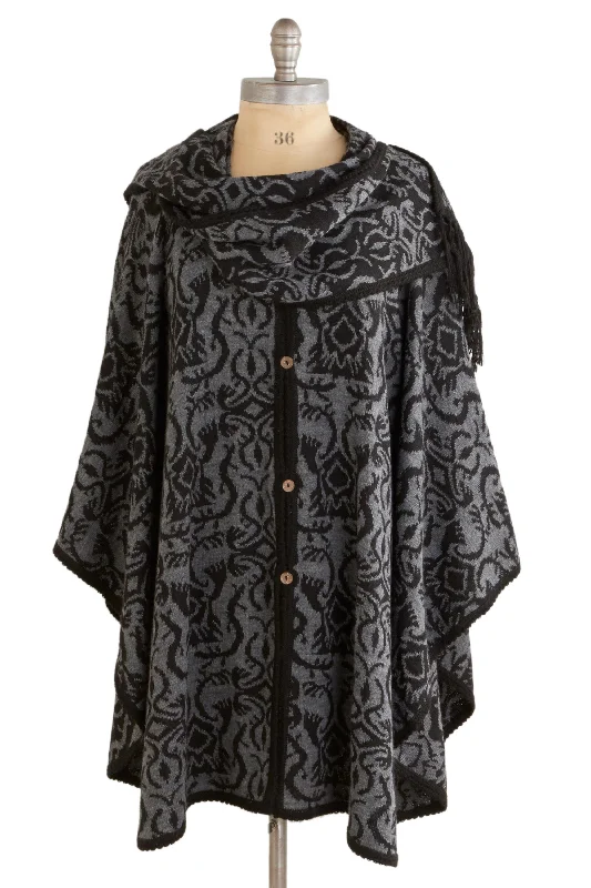 Women's Cloak Sweater with Fringe Detail-Peruvian Grey Wildflower Alpaca Ruana Cloak