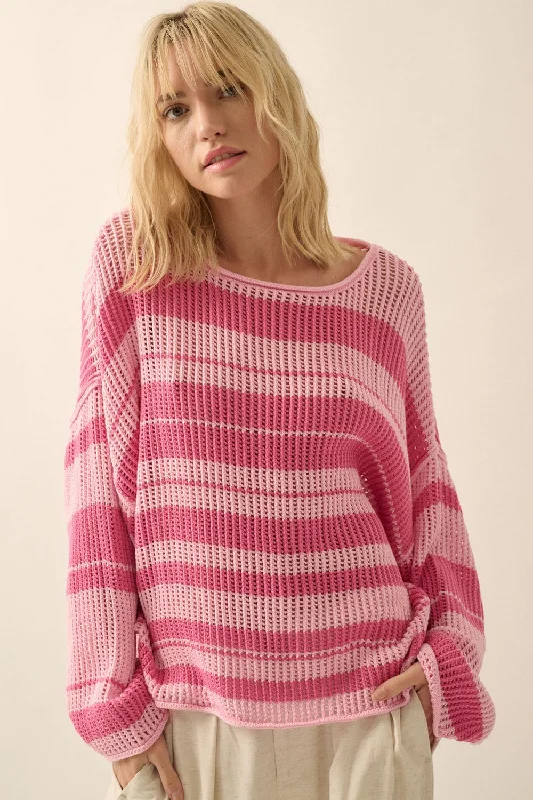 Women's Sweater for Date Nights-Pink Oversized Stripe Colorblock Crochet Knit Sweater