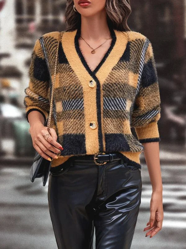 Women's Cardigans Sweater with Warm Wool Blend-Plaid Button Women Cardigan Sweater