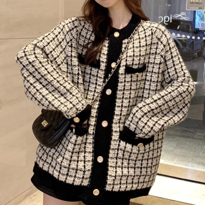 Women's Slim Fit Cardigans Sweater-Plaid Oversized Cardigan Sweater for Women